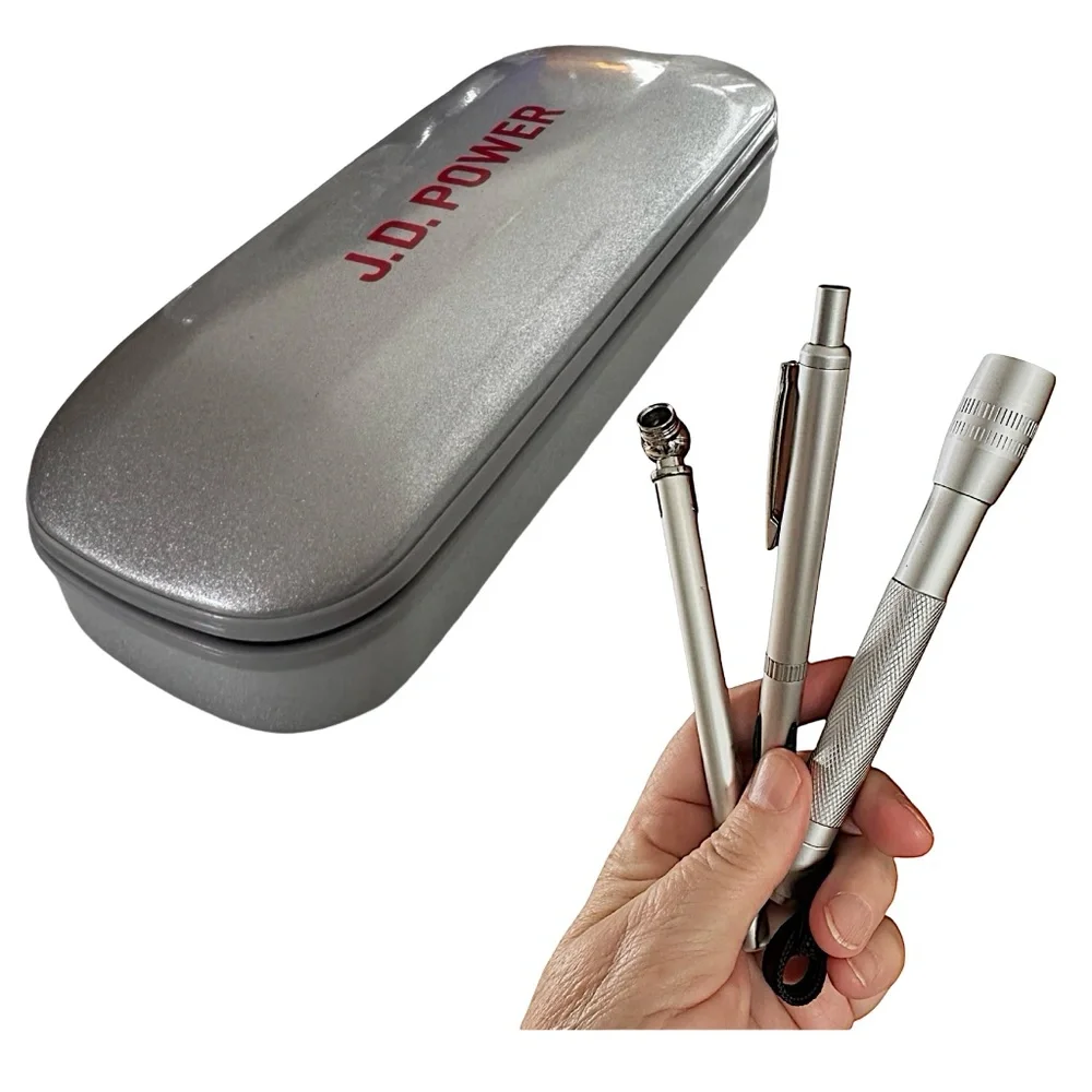 J.D. POWER Gift Set Pen / Tire Pressure Gauge & Flashlight w/ Hard Silver Case